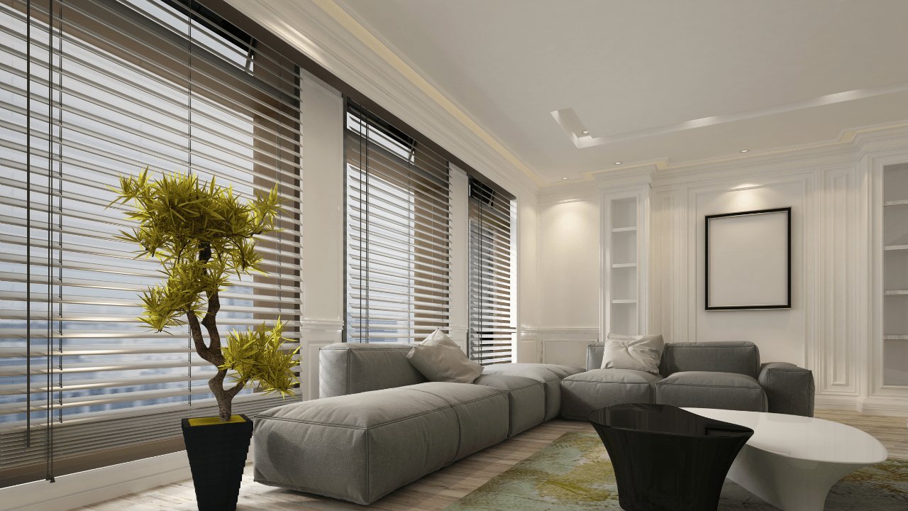 Sala de estar com persiana horizontal de madeira, projeto Poly Art Decorações